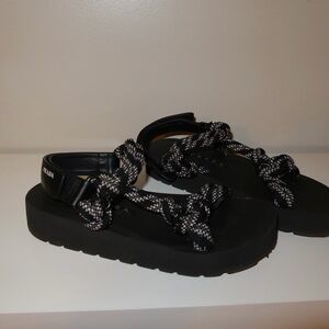 Prada Black Sandals with White Rope Accents
